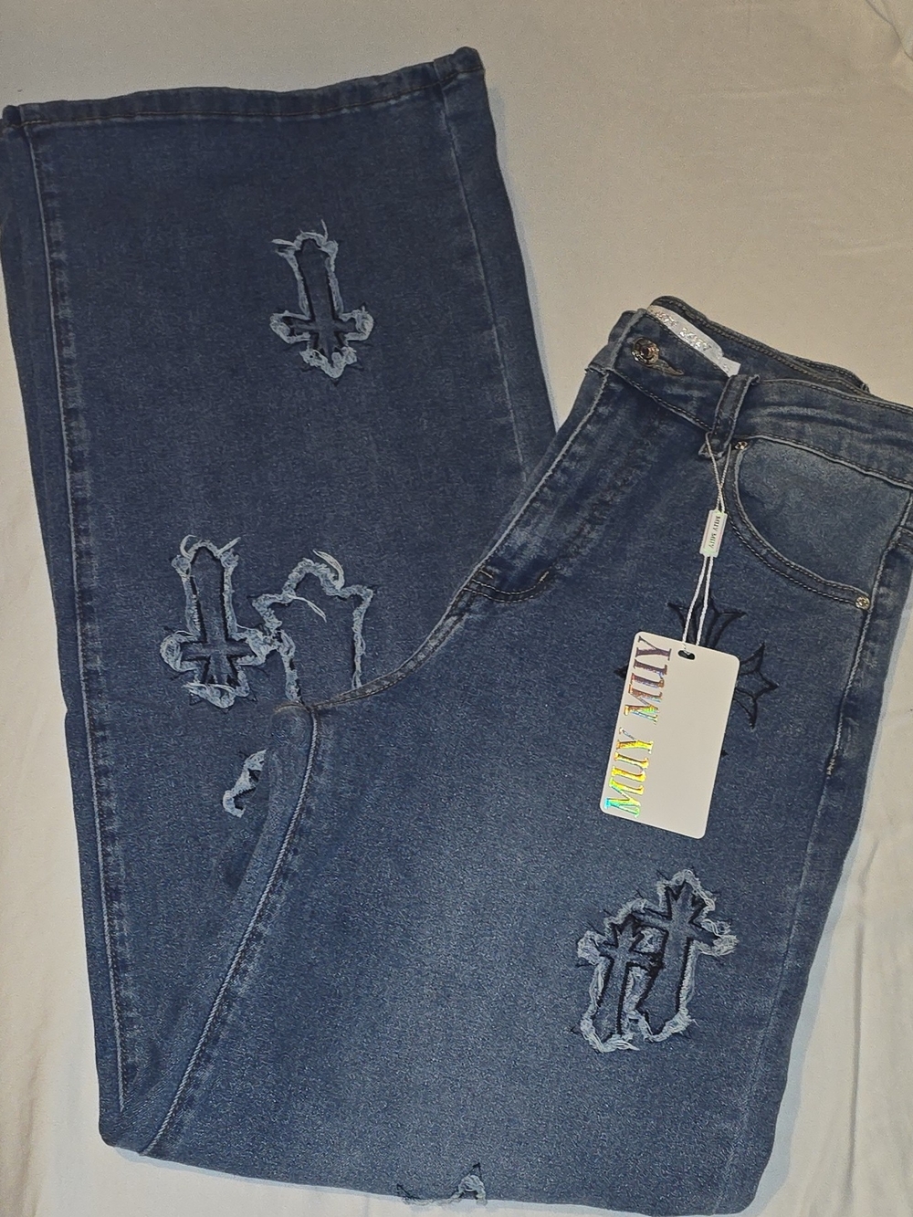 NWT MUY MUY Blue Denim Cross Embroidered Patch Wide Leg Jeans Medium Stretch Y2K